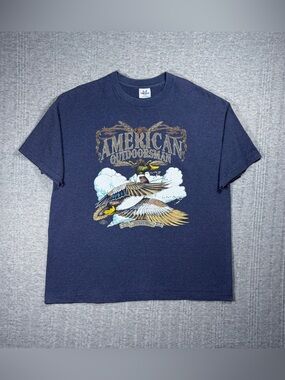 Vintage Tshirt Duck American Outdoorsman Mens XXL Single Stitch Blue Striped 90s